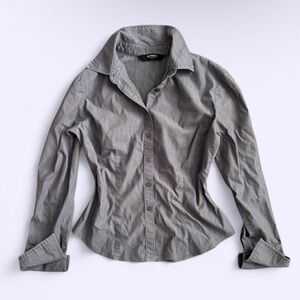 Vintage Y2K Express Fitted Grey Shirt Blue Satin Pinstripe Pointy Cuffs